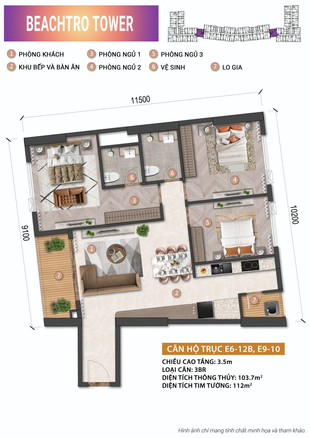 Mặt bằng Căn 3BR view kép Beachtro Tower – Blanca City