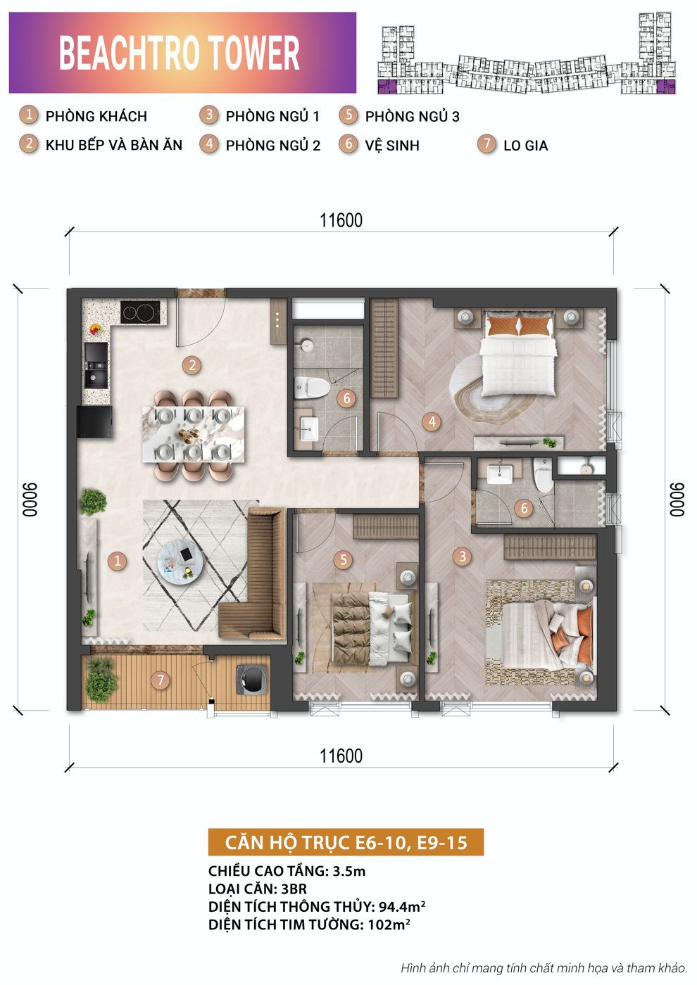 Mặt bằng Căn 3BR Beachtro Tower – Blanca City